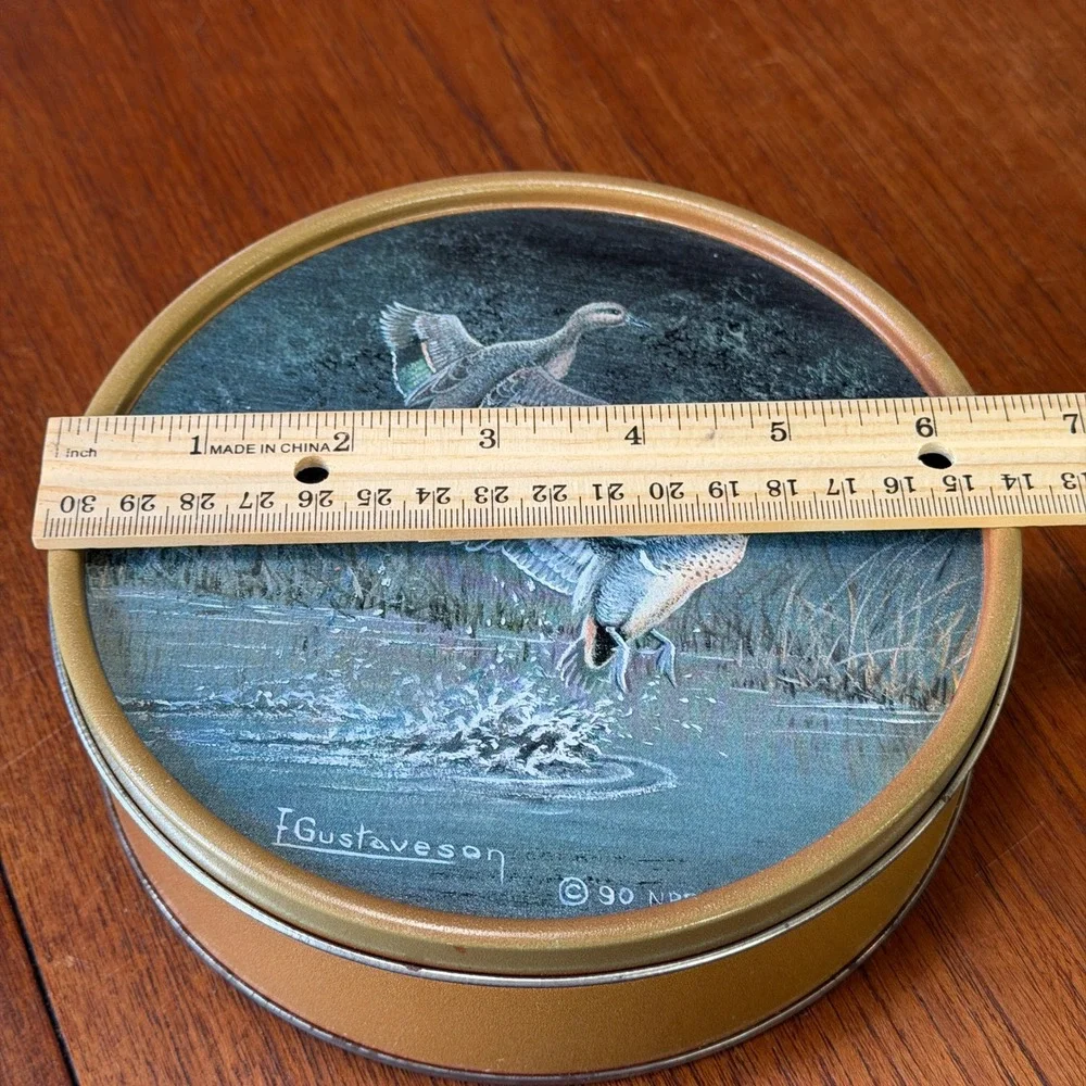 F. Gustaveson Vintage 1990 Flying Ducks Wildlife Round Metal Storage Tin Gold